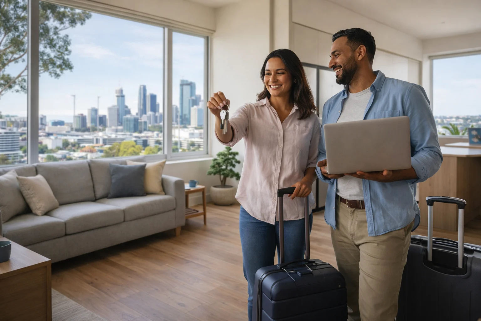 Happy tenants moving into their new furnished apartment